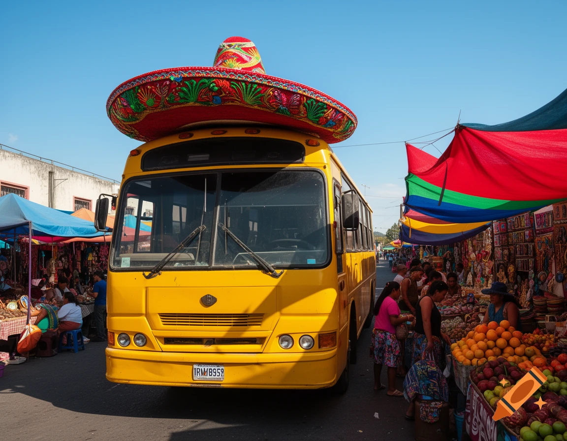 A yellow bus with a large red sombrero on its roof is parked in a bustling photorealistic street market.