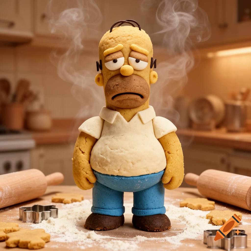 A sad Homer Simpson figure made of cookie dough stands on a flour-dusted kitchen counter with rolling pins and cookie cutters, with steam rising.