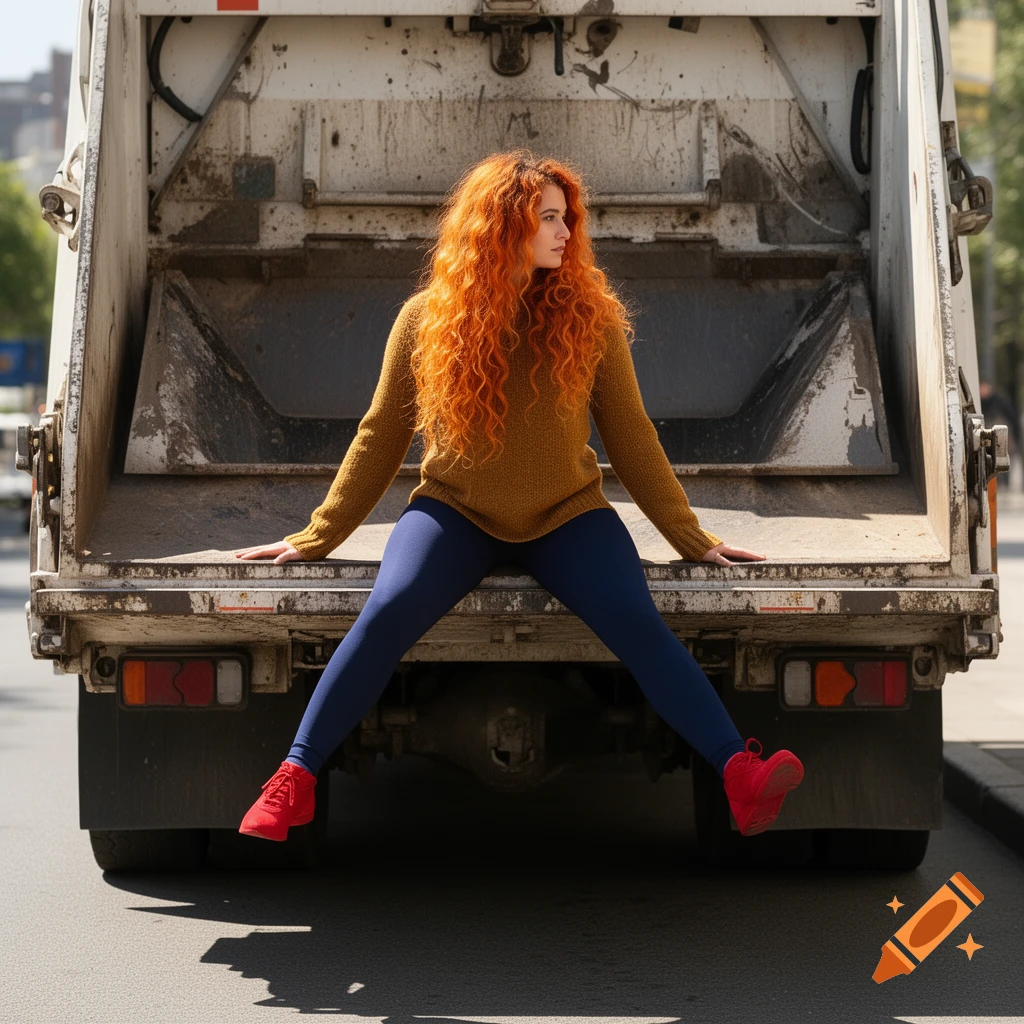 A woman with long curly orange hair in a brown sweater, blue leggings, and red shoes sits with legs spread on the back of a dirty garbage truck.