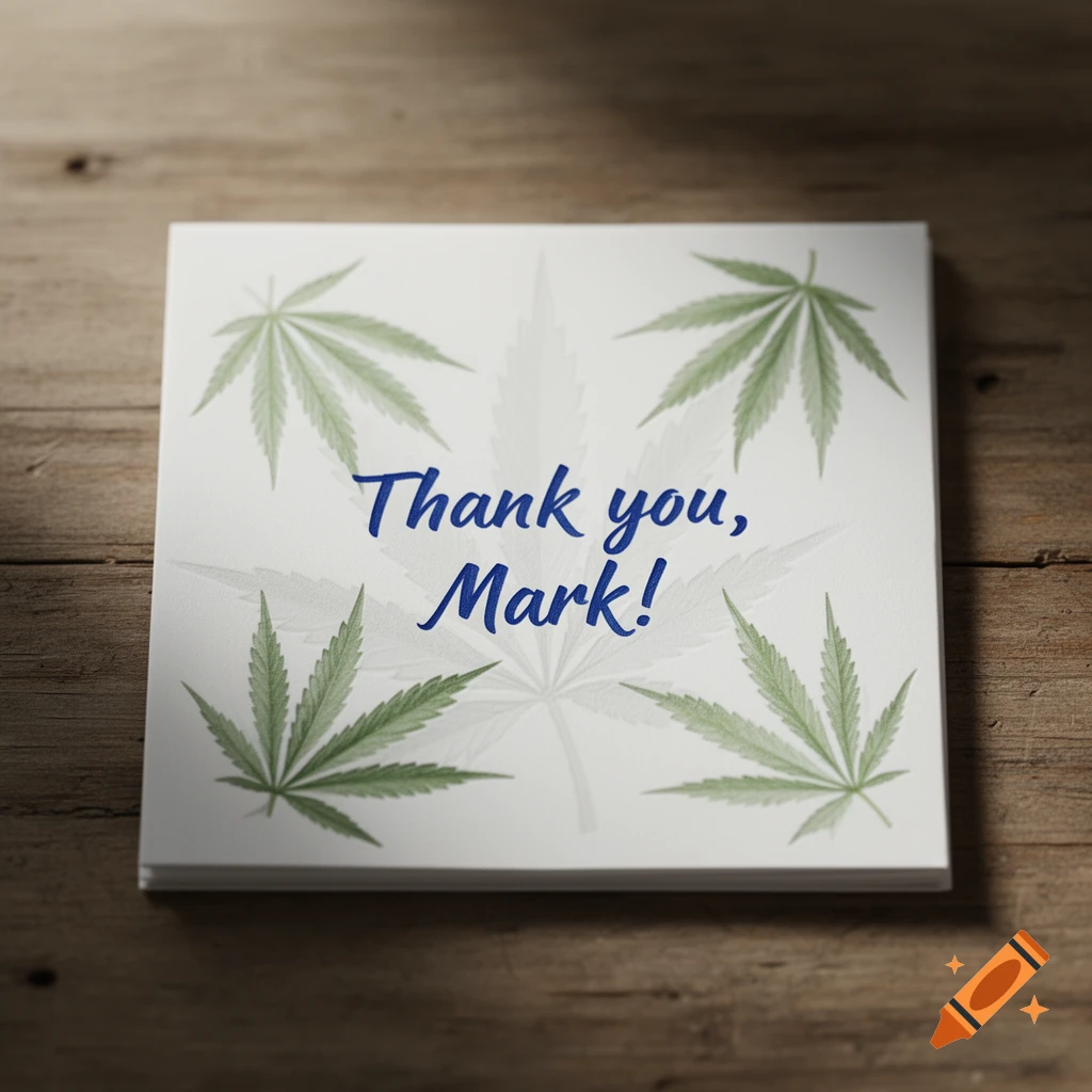 A white square note with 'Thank you, Mark!' in blue text, decorated with green cannabis leaves, resting on a rustic wooden table.