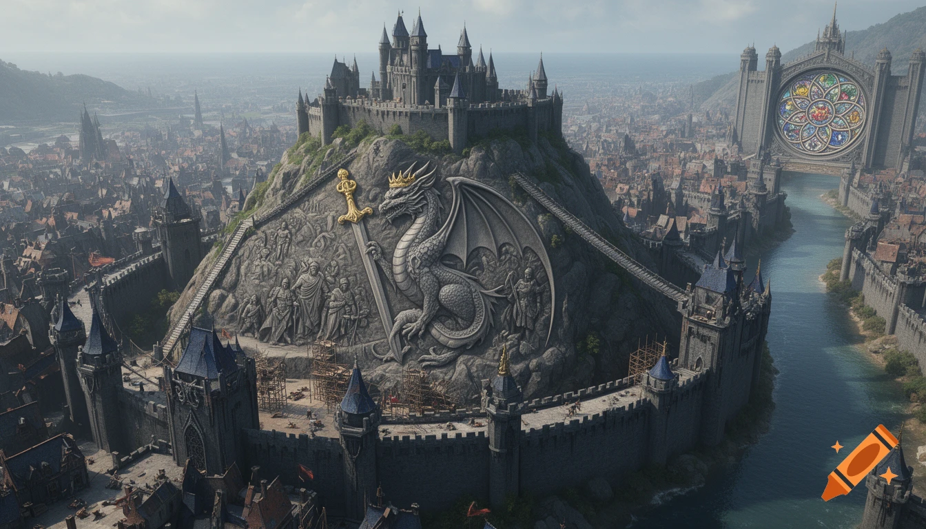 An aerial view of a sprawling fantasy city with a grand castle on a rocky hill featuring a massive carved dragon and a colorful stained glass window.