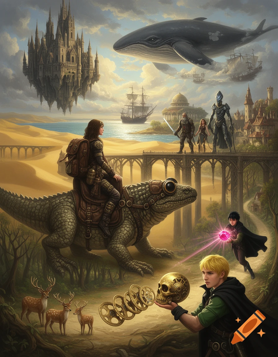 A grand steampunk fantasy landscape featuring a woman on a lizard, a floating castle, a flying whale, wizards, adventurers, and deer.