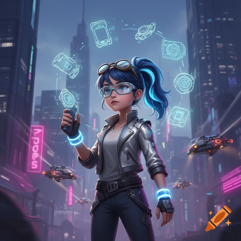 A cartoon girl with blue hair and goggles holds a glowing device, interacting with holographic interfaces in a neon-lit cyberpunk city.