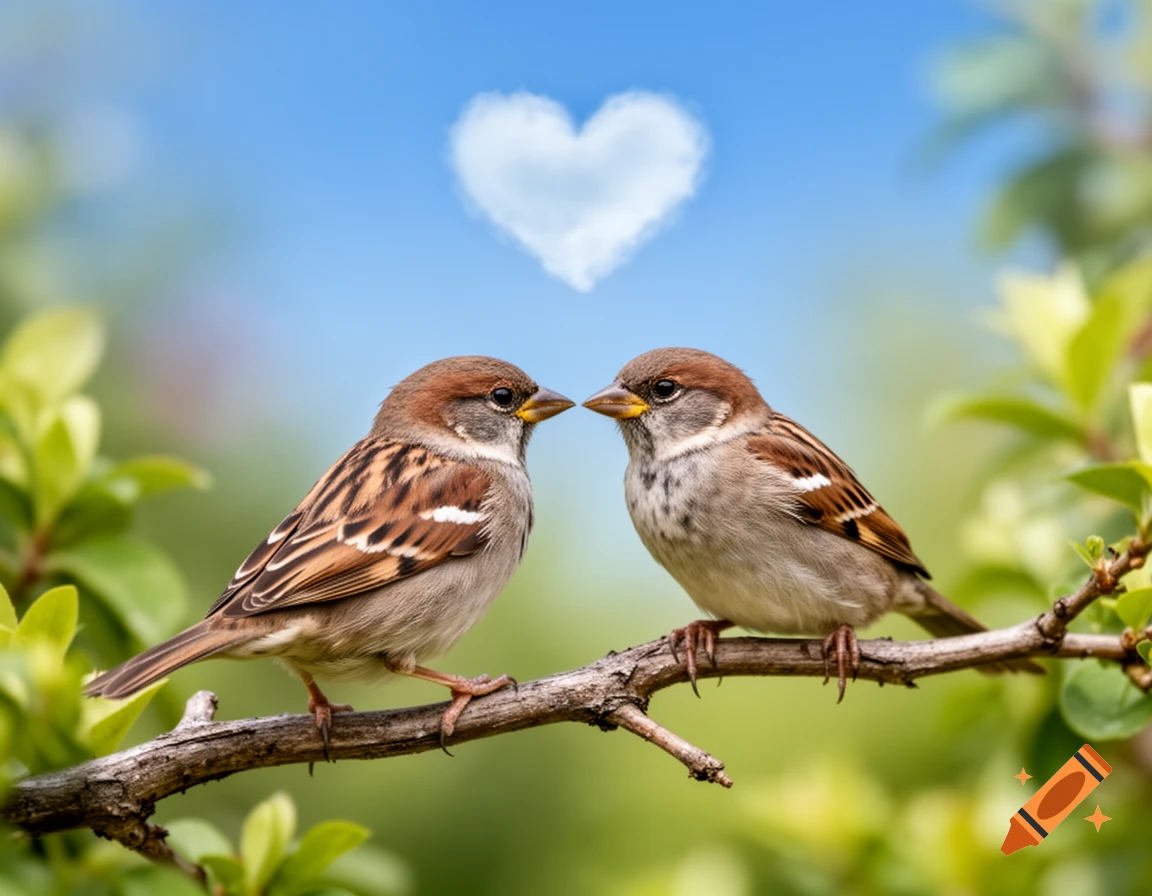 Two sparrows perch on a branch, gazing at each other beneath a heart-shaped cloud in a vibrant blue sky.