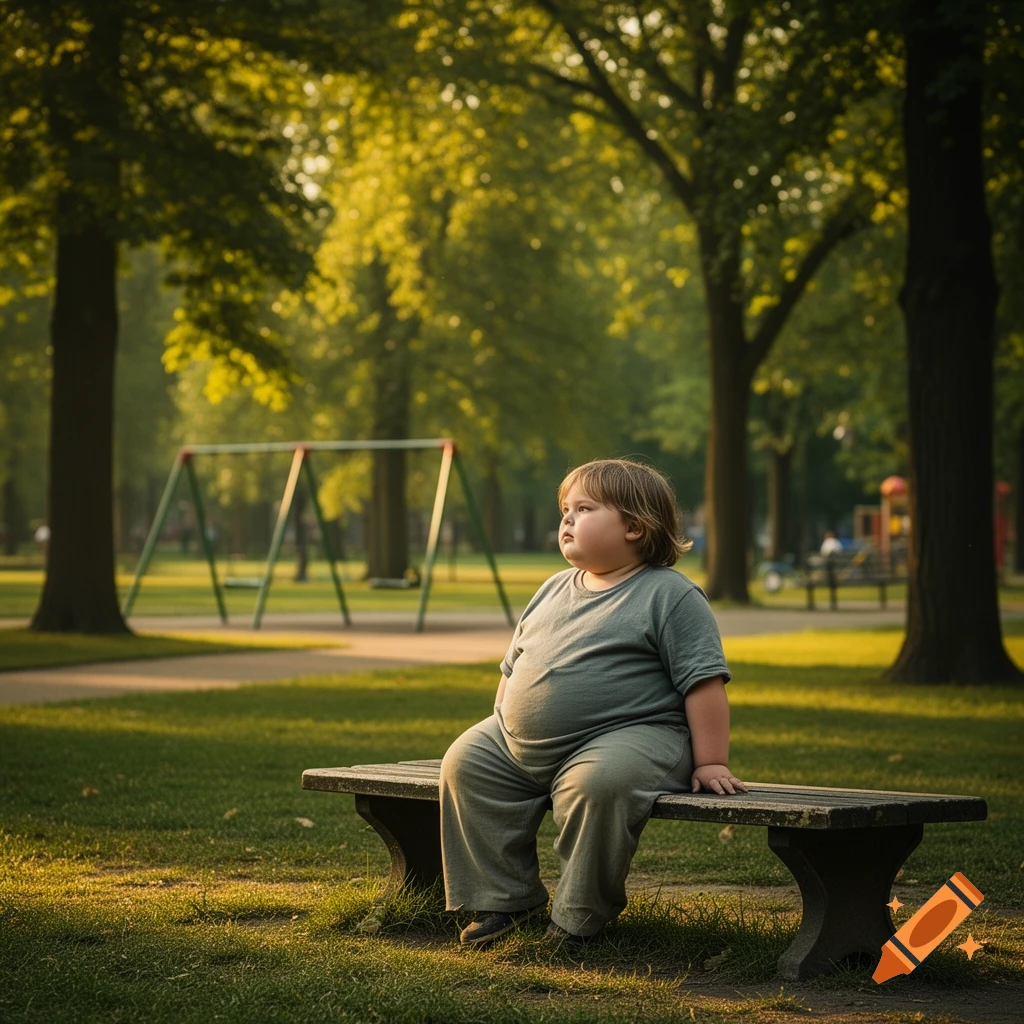 An overweight child with brown hair sits on a park bench, looking off to the side, with green trees and a playground in the background.