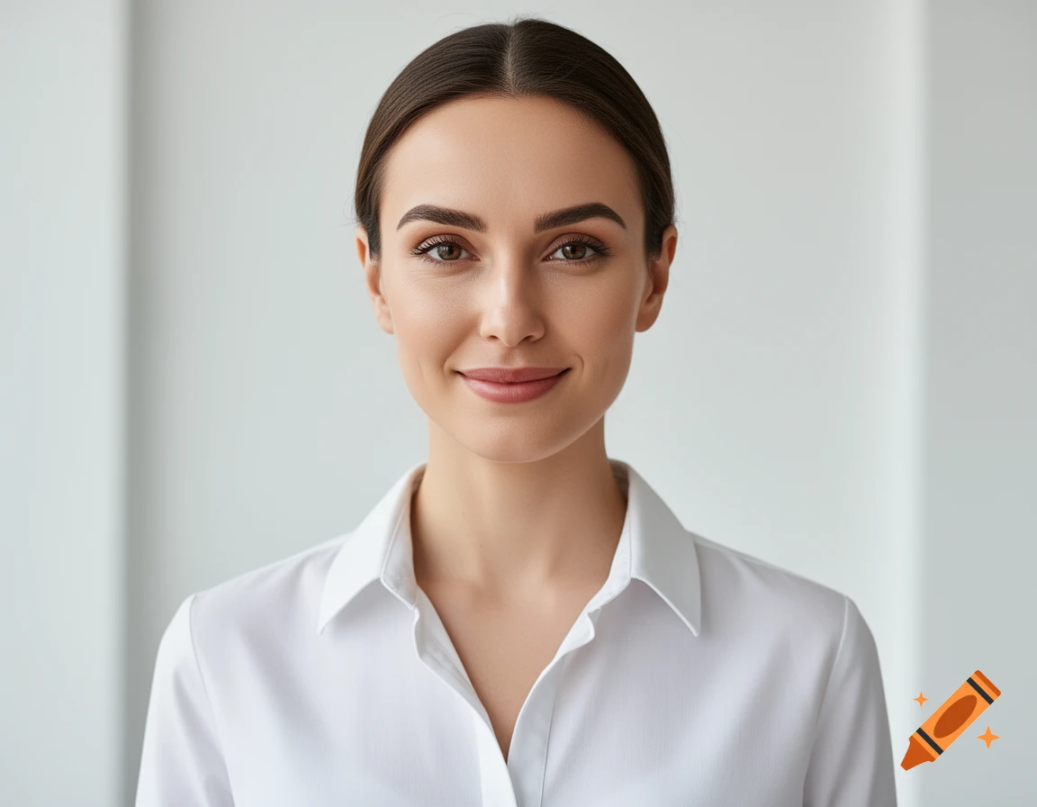 A professional woman with dark hair pulled back, wearing a white collared shirt, smiles gently at the camera against a light background.