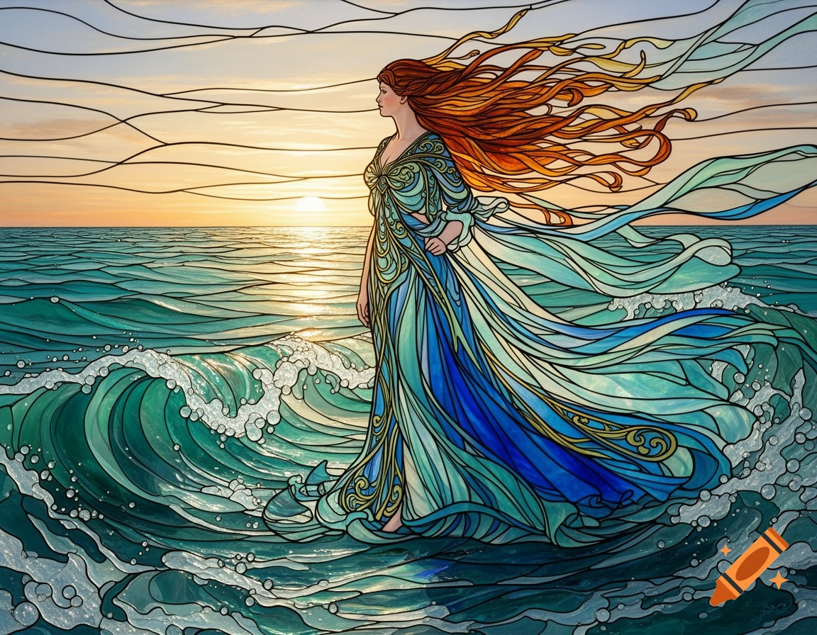 A stained glass artwork of a woman with flowing red hair and an art nouveau dress standing in ocean waves at sunset.