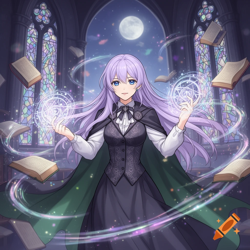 Anime girl with long purple hair, wearing a dark uniform and green cape, casting magic with glowing runes, surrounded by floating books in a gothic library at night under a full moon.