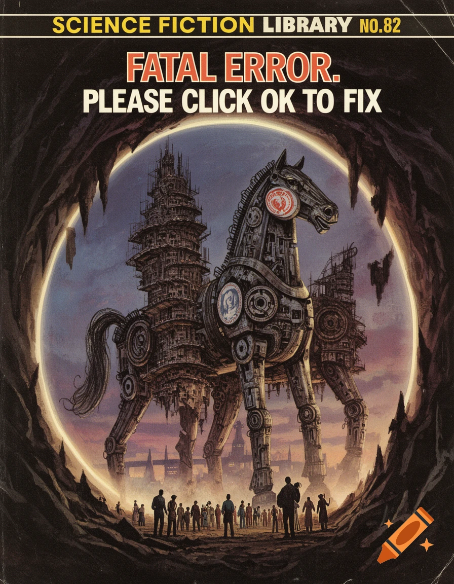1970s sci-fi book cover of a colossal mechanical horse-robot, with a city on its back, viewed by small people within a cave frame.