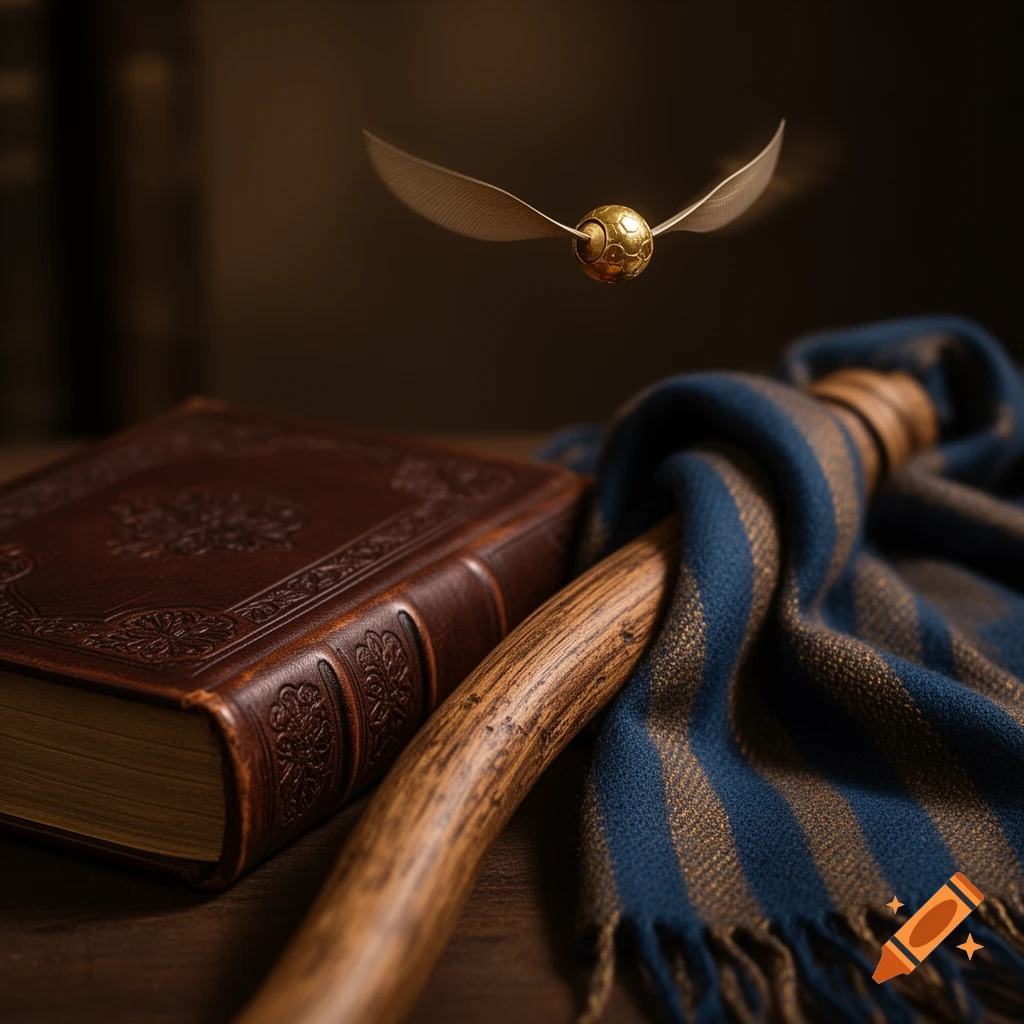 A golden snitch flies above a leather-bound book, wooden broomstick, and blue and bronze striped scarf on a dark table, in a dark academia style.