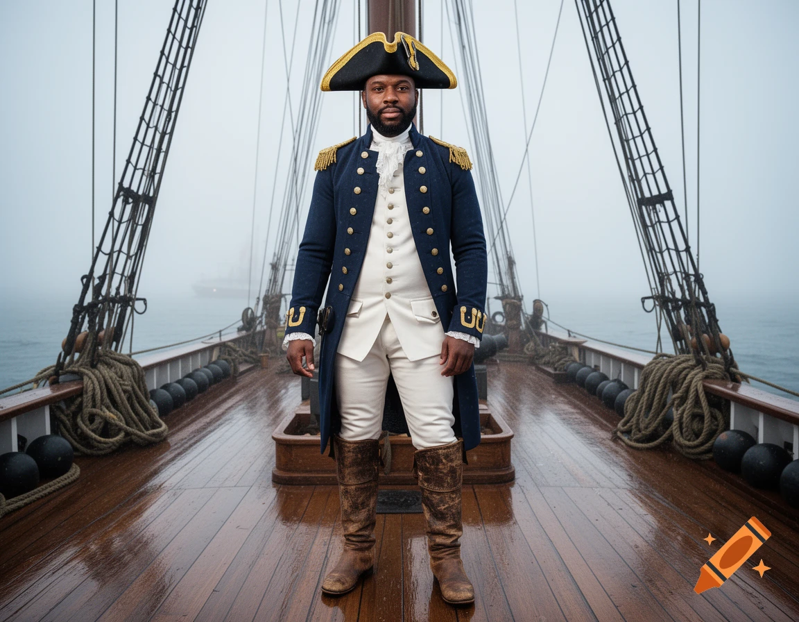 A man in a blue and white historical naval uniform with a tricorne hat stands on the wet deck of a ship in a foggy sea.