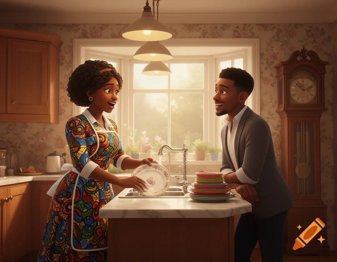 An animated Black woman washes dishes in a kitchen sink, talking and smiling at a Black man leaning on the counter beside her.