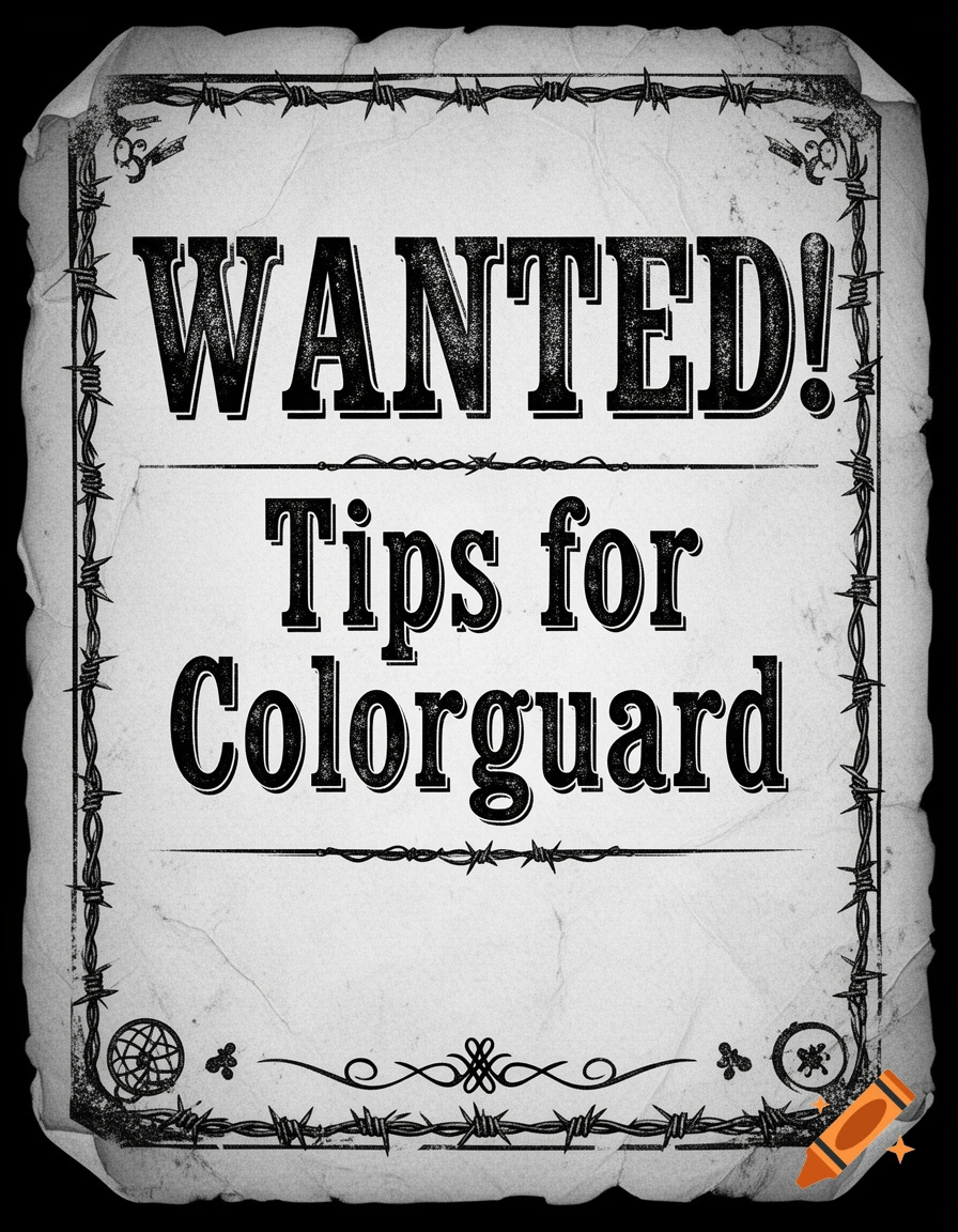 A black and white "Wanted" poster with a barbed wire border, featuring the text "WANTED! Tips for Colorguard"