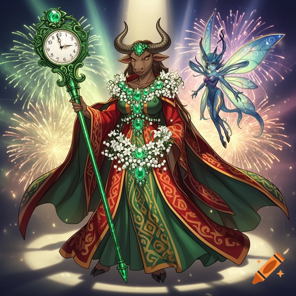 Anime-style anthropomorphic ox wizard in a red and green Cinco de Mayo themed robe adorned with emeralds and lilies, holding an emerald clock staff, with a small blue fairy familiar, against a fireworks background.