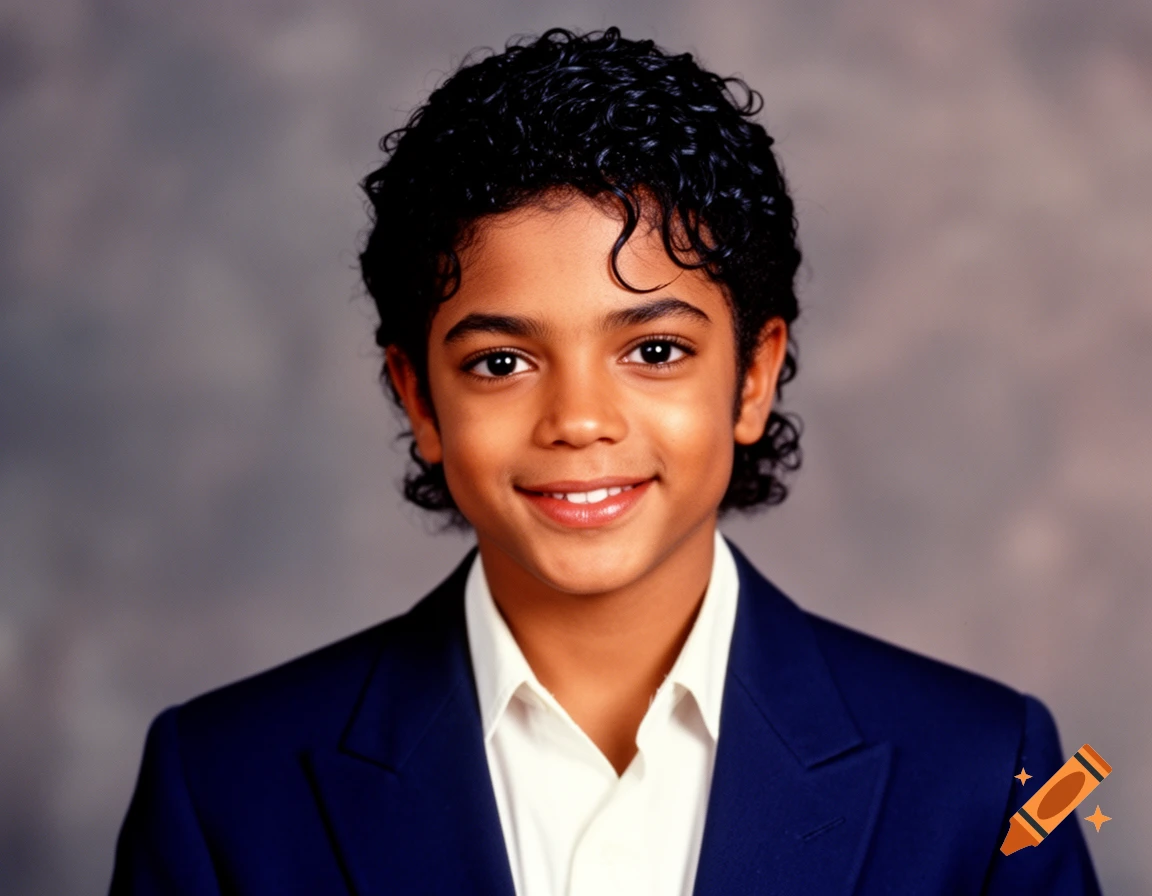 Close-up portrait of a smiling young boy with curly dark hair, wearing a white shirt and a dark blue suit jacket.