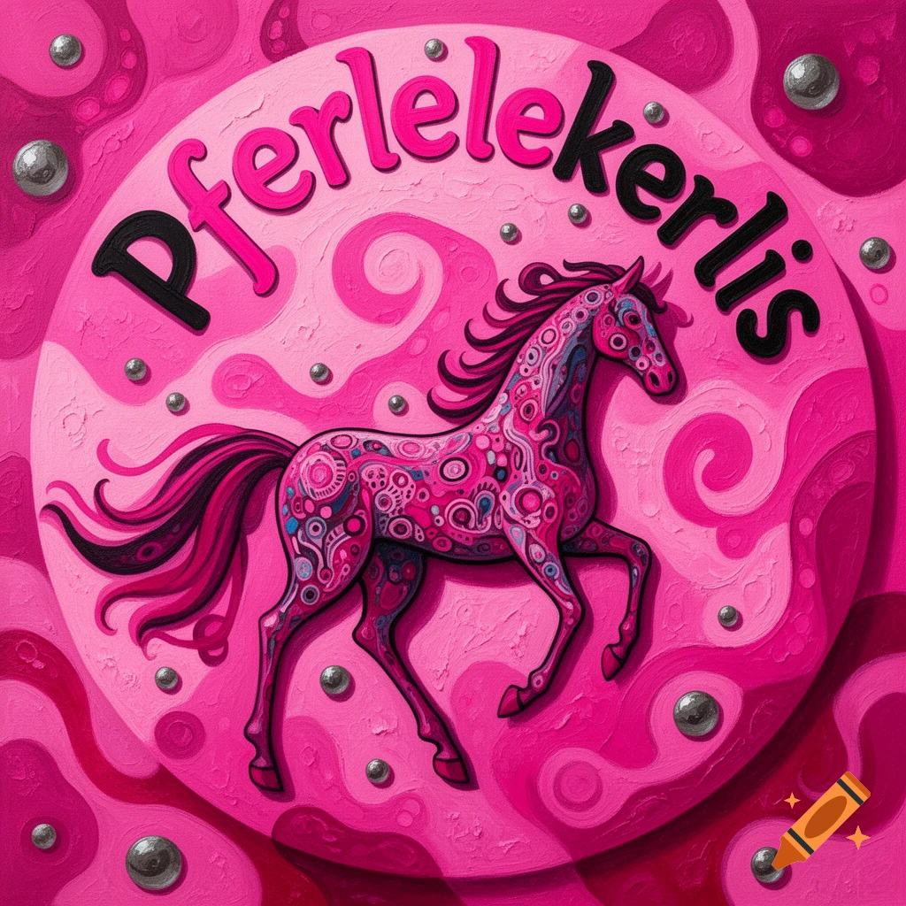 A vibrant pink, textured painting featuring a stylized horse with intricate patterns inside a large pink circle, adorned with text 'Pferlelekerlis' and silver spheres.