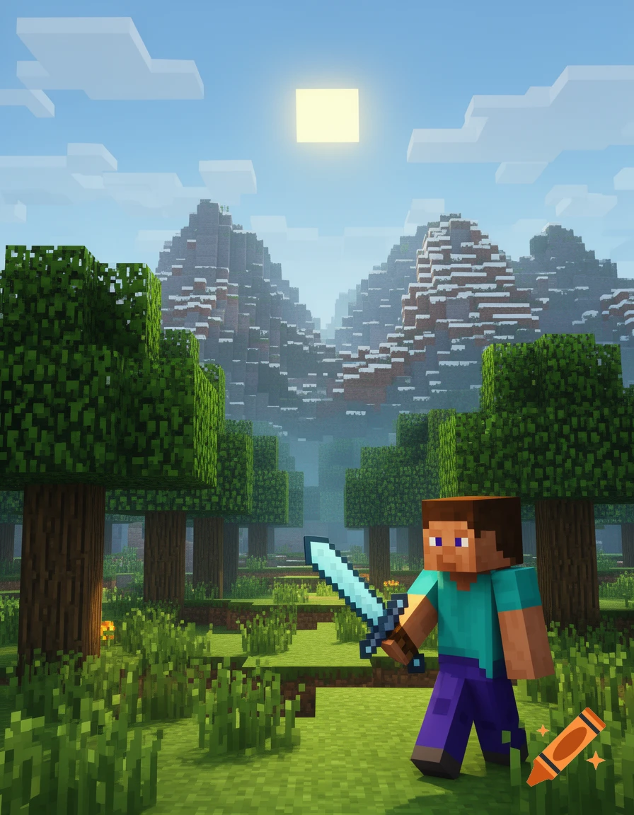 Steve from Minecraft holds a diamond sword in a blocky, vibrant landscape with green trees and snow-capped mountains.
