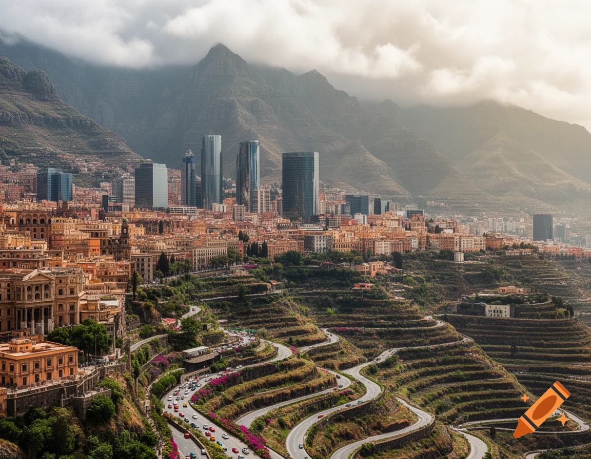 A sprawling city with modern skyscrapers built on steep, terraced hills, winding roads, and mountains under a cloudy sky.
