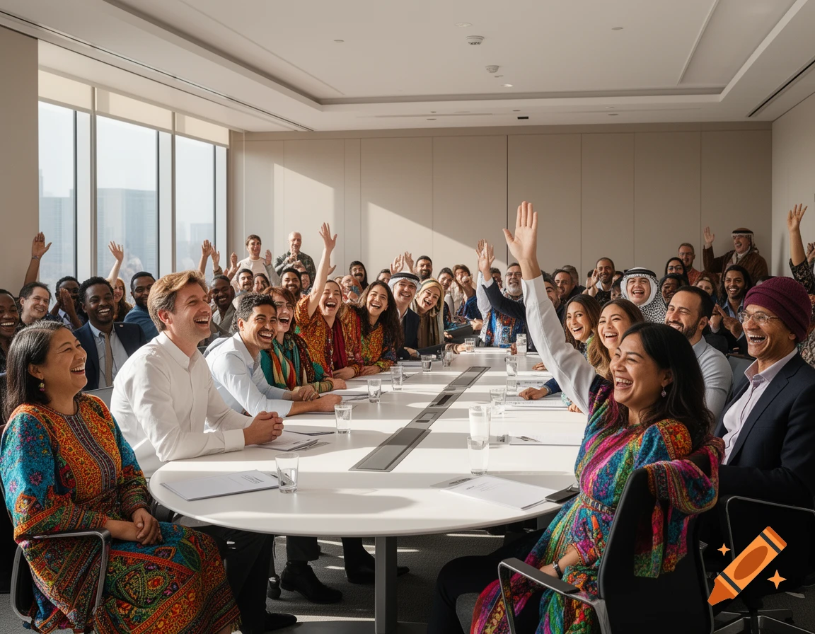 Diverse group of people in a bright conference room, many laughing and raising hands.