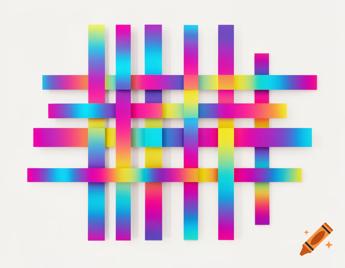 Abstract composition of interwoven colorful gradient rectangular strips in a grid pattern on an off-white background.