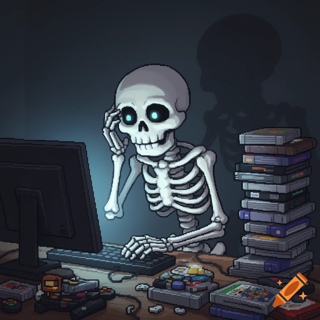 A pixel art skeleton, like Dry Bones, sits at a desk, looking confused at a computer, surrounded by retro gaming cartridges and controllers.