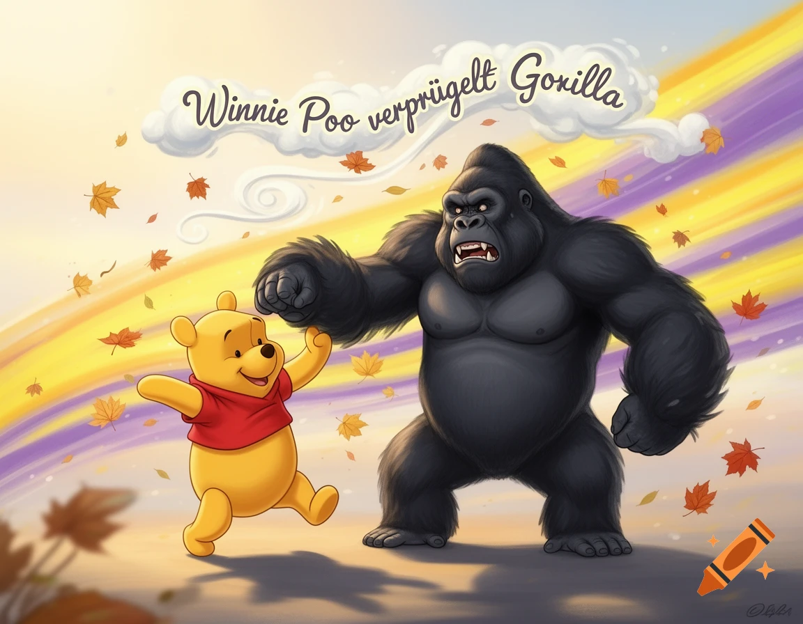 A cartoon Winnie the Pooh happily stands next to an angry gorilla under text that reads 'Winnie Poo verpr r r gelt Gorilla', with autumn leaves falling.