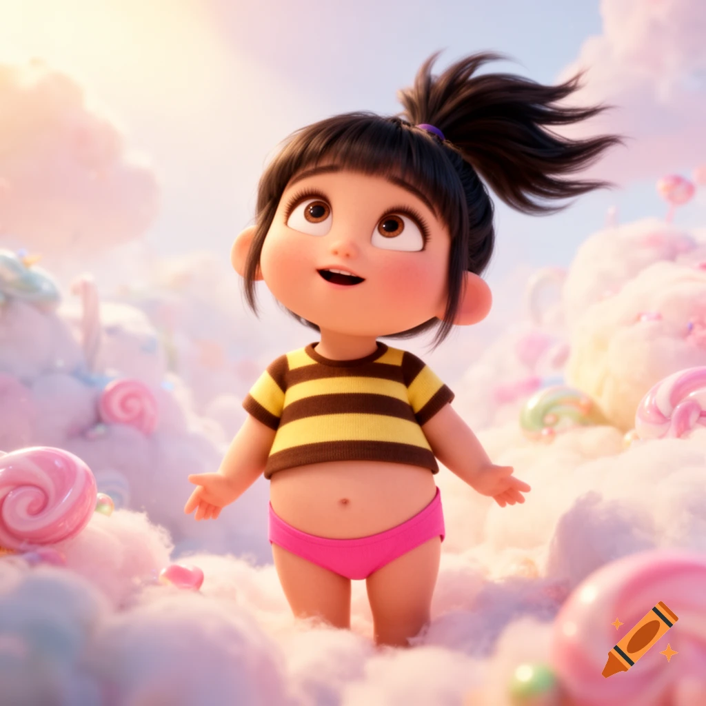 A cute cartoon girl resembling Agnes from Despicable Me, wearing a striped shirt and pink underwear, standing in a whimsical cloudscape with colorful lollipops.