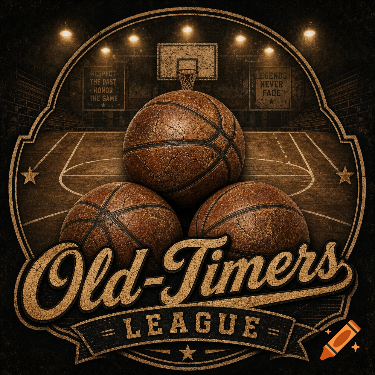 Vintage sports logo featuring three distressed leather basketballs in front of a court with arena lighting, text reads 'Old-Timers League'.
