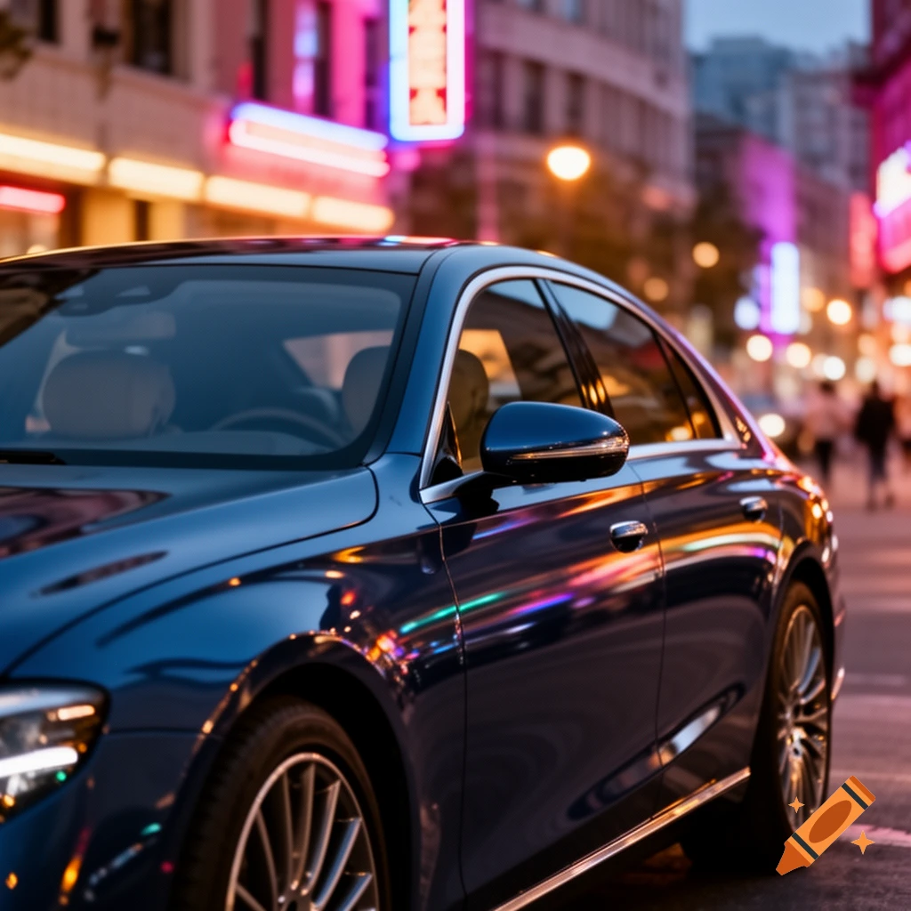 Dark blue luxury car reflecting colorful neon lights on a city street at night.