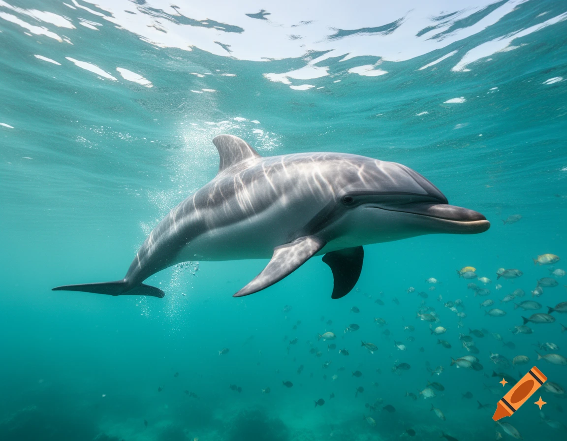 A photorealistic shot of a dolphin swimming gracefully in clear blue ocean water, surrounded by schools of small fish.