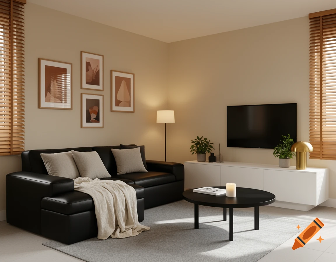 A modern minimalist living room features a black sectional sofa, beige walls, wood blinds, a TV, and a coffee table with a book and candle.