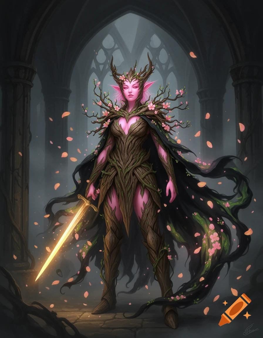 A pink-skinned female Spring Eladrin Paladin in bark armor and a flowing cloak, holding a glowing sword in a dark gothic hall with floating petals.
