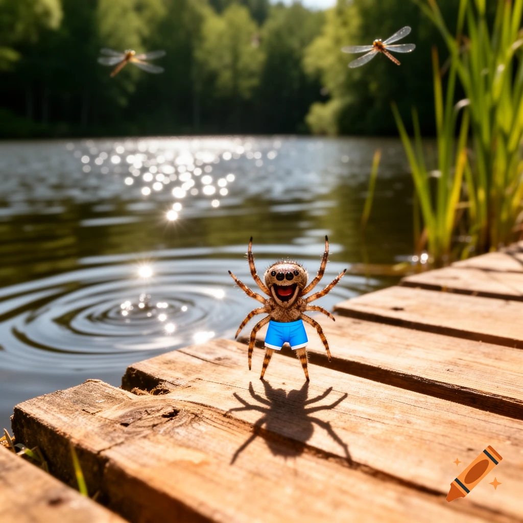 A cartoonish jumping spider in blue swim shorts smiles on a wooden pier by a shimmering lake with dragonflies overhead.