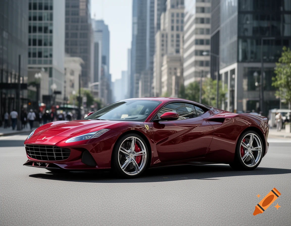 A glossy red sports car with chrome wheels parked on an asphalt street in a bustling city with tall buildings.