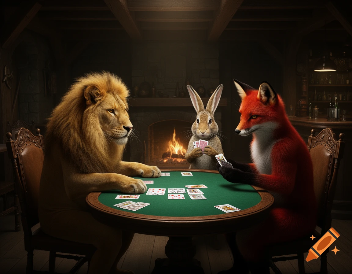 A photorealistic image of a lion, a rabbit, and a fox playing cards at a green table in a dim, cozy room with a fireplace.