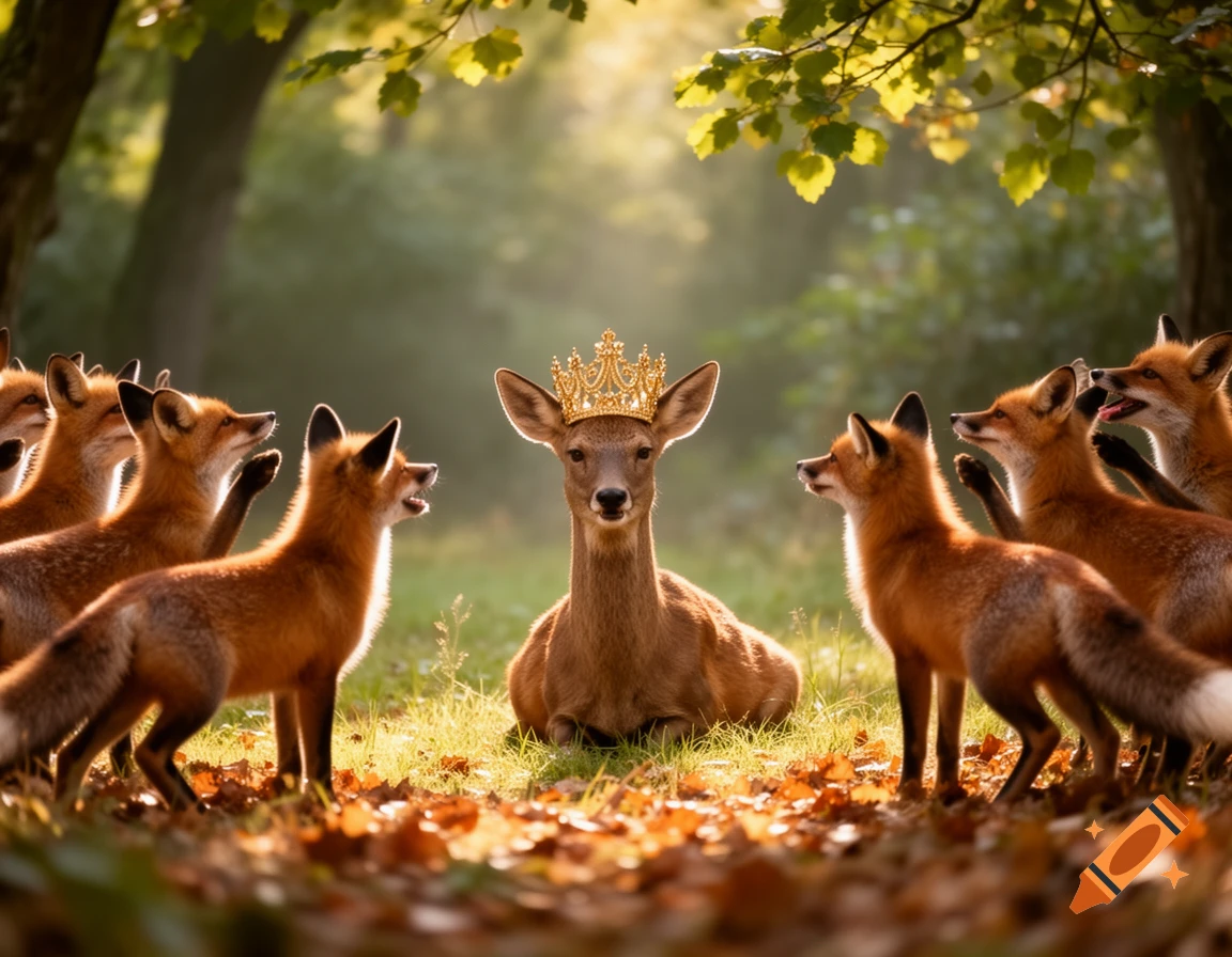 A deer with a golden crown sits in a sun-dappled forest, surrounded by cheering foxes, photorealistic.