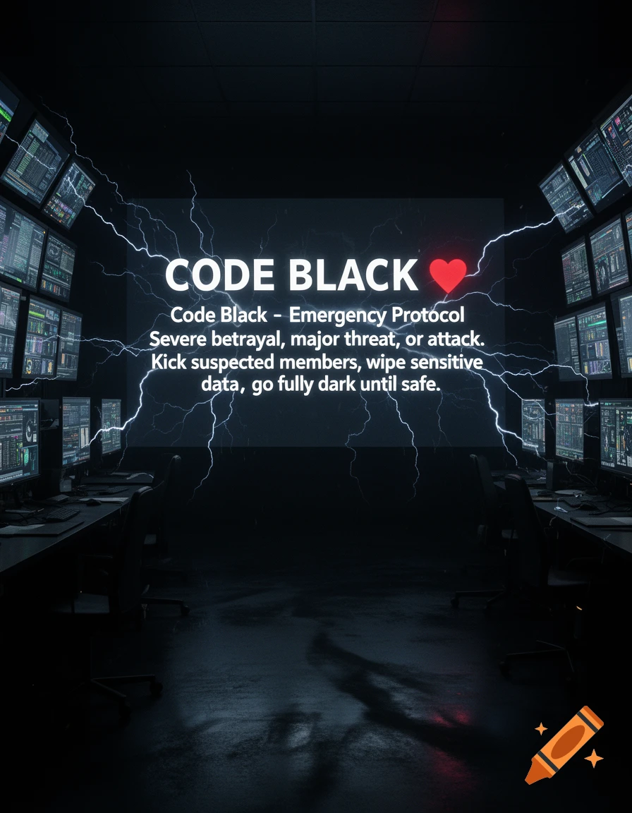 A dark, ominous server room with many computer monitors displaying data. A large central screen displays "CODE BLACK ". Lightning streaks across the screen.