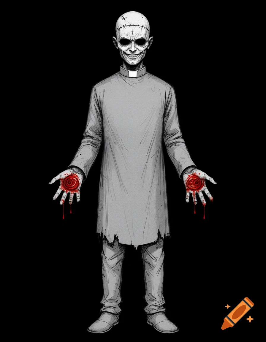 A full-body, stylized horror illustration of a sinister, bald humanoid figure with stitched scars on its head, wearing tattered clergy attire, holding open palms revealing bloody swirling red symbols, against a black background.