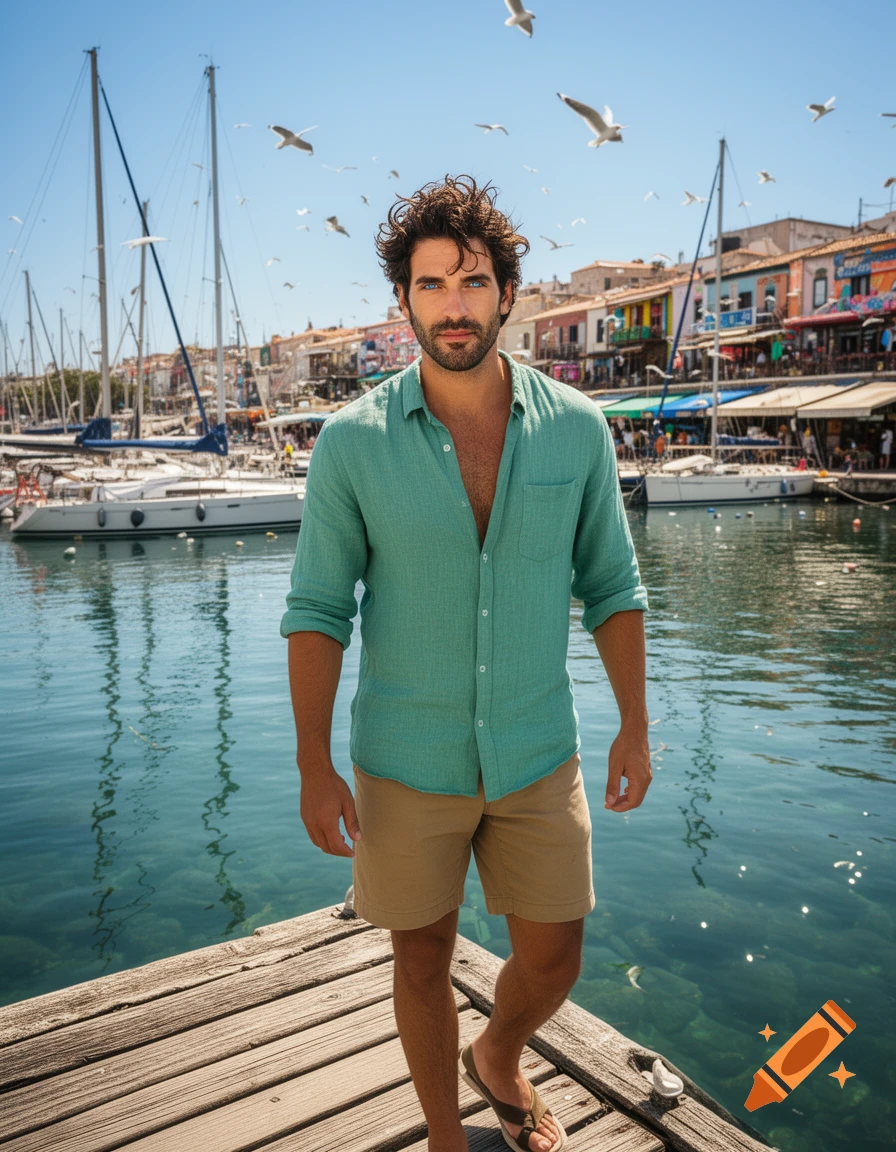 A man in a teal shirt and shorts stands on a wooden pier overlooking a sunny marina with boats, colorful buildings, and seagulls.