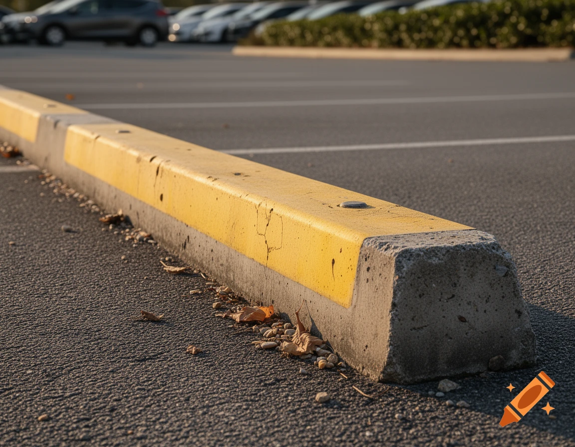 A close-up, low-angle shot of a concrete parking bumper with a yellow stripe on asphalt, with cars in the background.