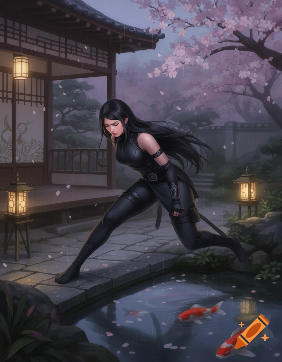 A ninja girl crouches stealthily in a rainy Japanese garden with cherry blossoms, a pond, and koi fish, illustration.