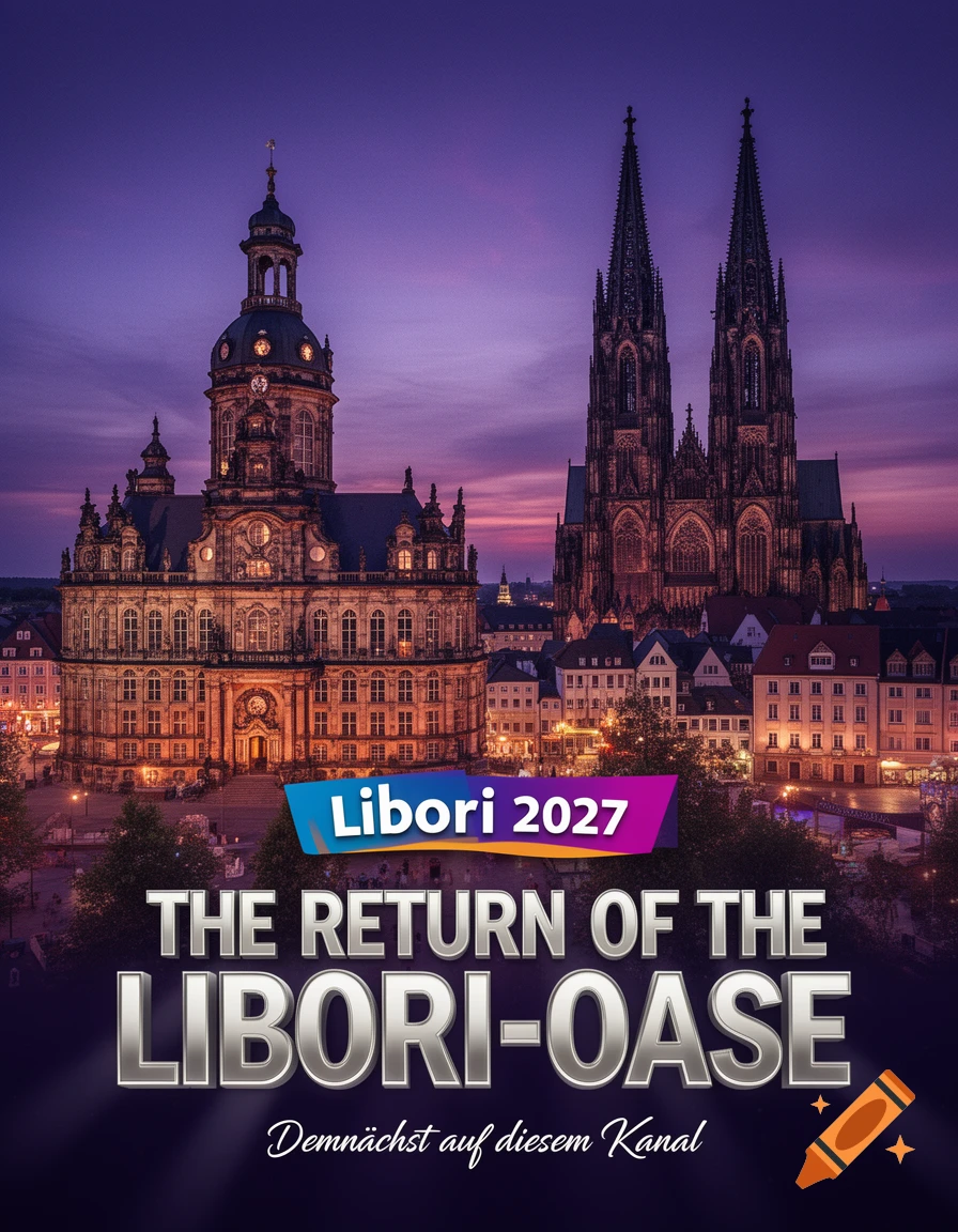Cinematic poster of Paderborn Town Hall and Cathedral at dusk, with text 'Libori 2027 THE RETURN OF THE LIBORI-OASE'.