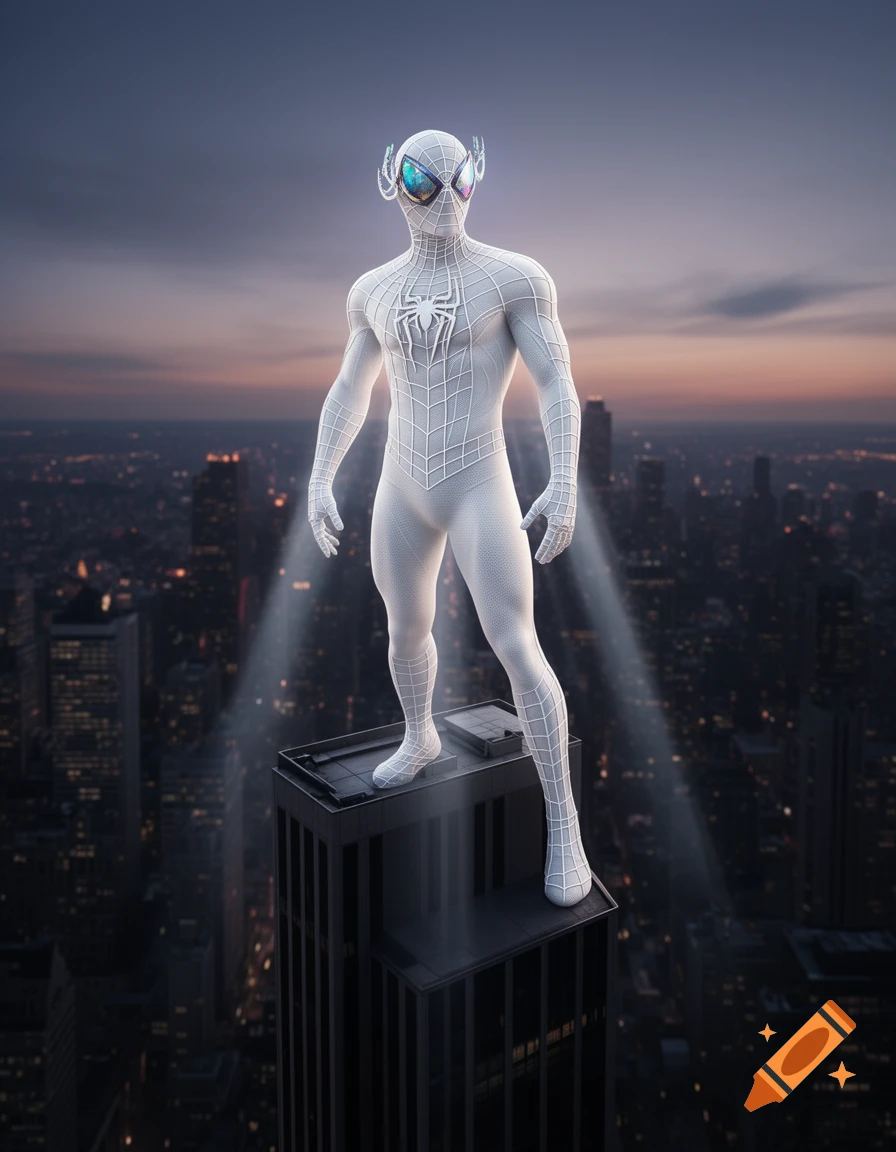 A white Spider-Man variant in a futuristic suit with goggles stands on a skyscraper, overlooking a city at dusk.