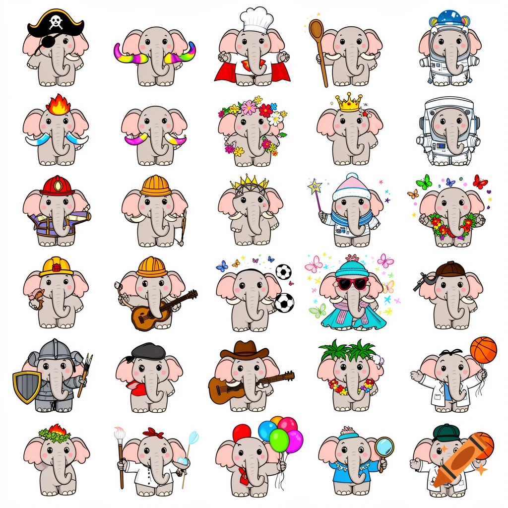 A grid of 30 cute cartoon mammoths in various costumes and roles, including a pirate, chef, astronaut, knight, and musician, all on a white background.