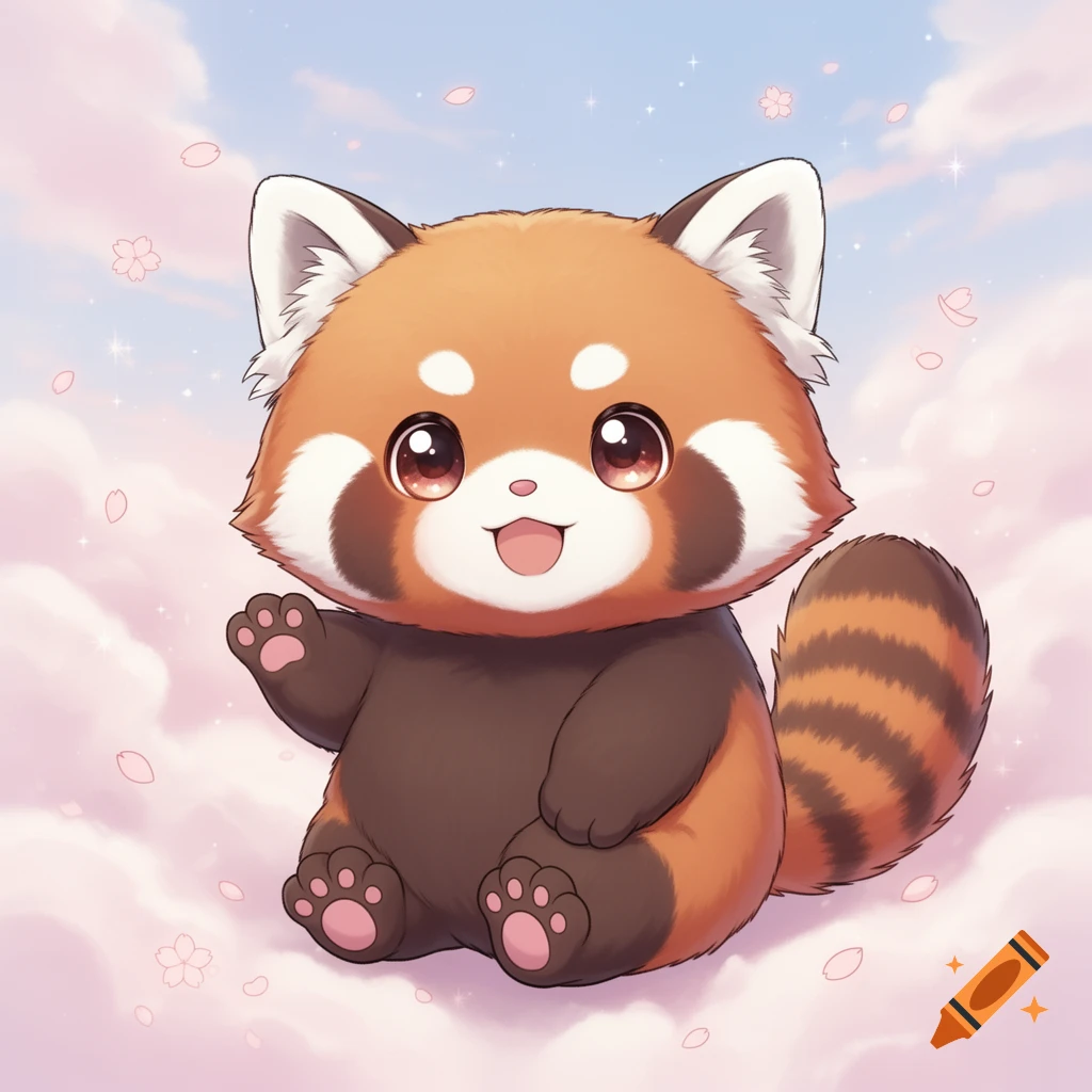 A cute, smiling red panda with big eyes waves a paw, floating among pink clouds and cherry blossoms in a kawaii anime style.