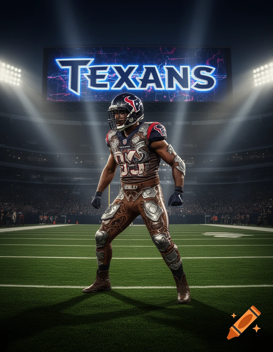 Fantasy football player in ornate armor standing on a stadium field with "TEXANS" on the scoreboard.