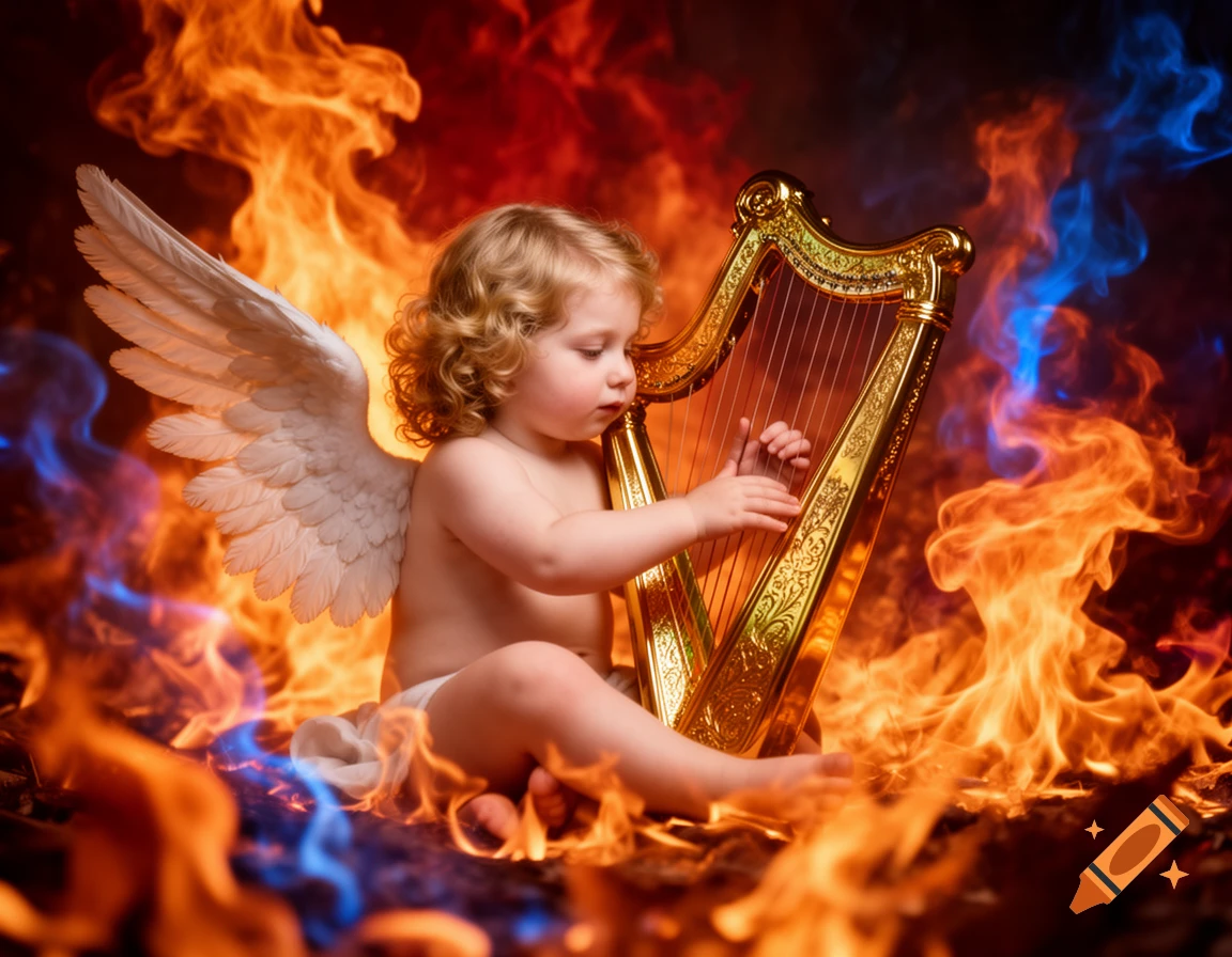 A blonde cherubic child with white wings plays a golden harp amidst vibrant red and blue flames, in a photorealistic style.