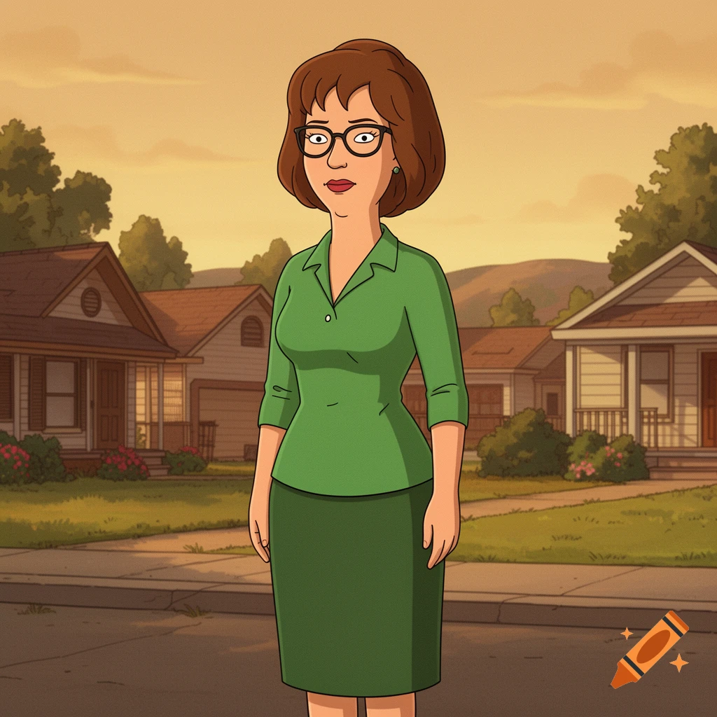 A full-body cartoon illustration of Peggy Hill from King of the Hill, wearing a green shirt and skirt, standing on a sidewalk in a suburban neighborhood.