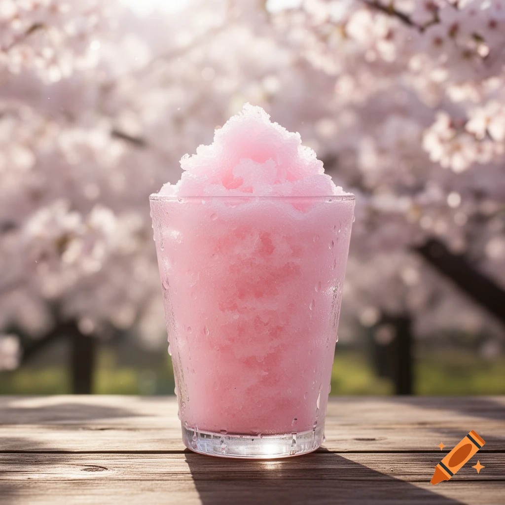 A pink slushy drink in a glass on a wooden table, with blurred cherry blossoms in the background.