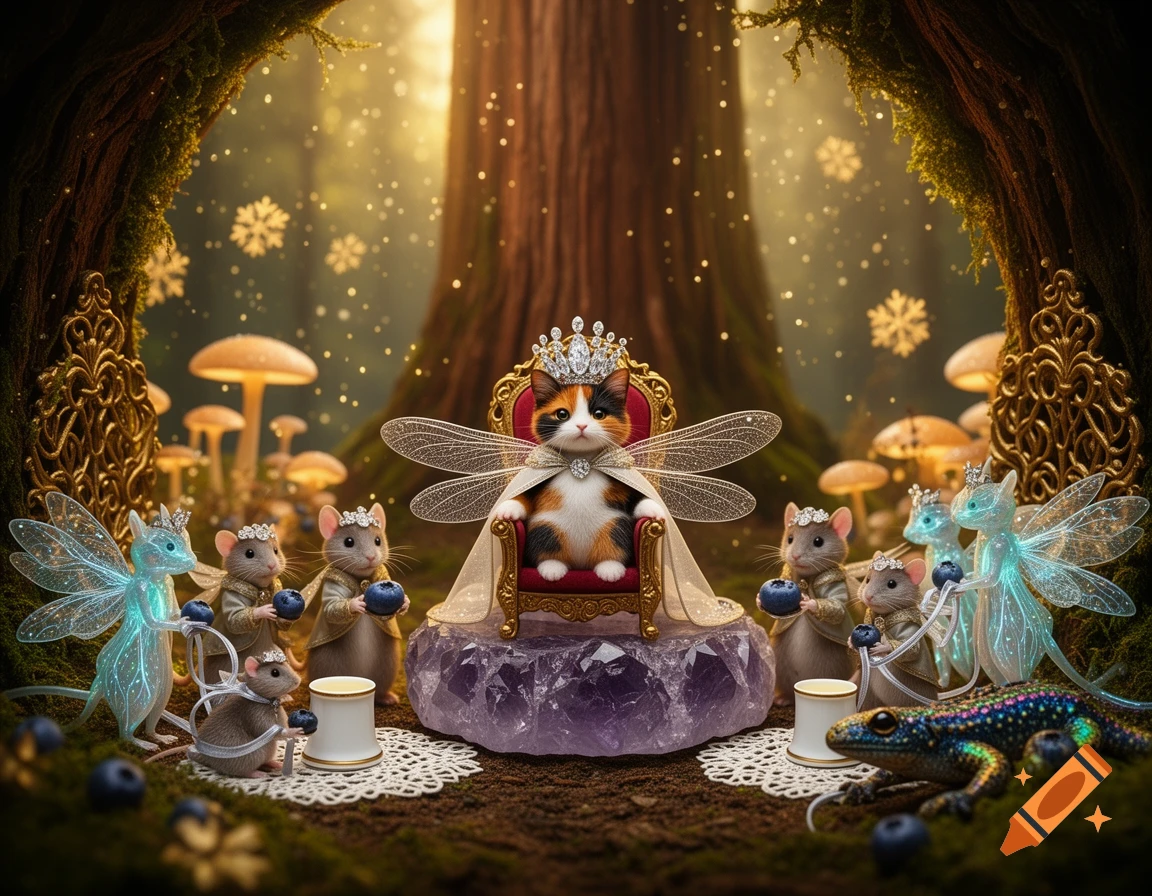 A whimsical miniature diorama shows a Calico cat monarch on an amethyst throne, surrounded by mice offering blueberries, and glowing fairy-like creatures in an enchanted forest.
